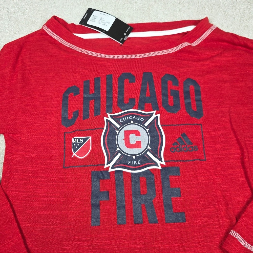 Adidas Chicago Fire MLS Women Small Red Slub Knit Long Sleeve Graphic Tee 2018